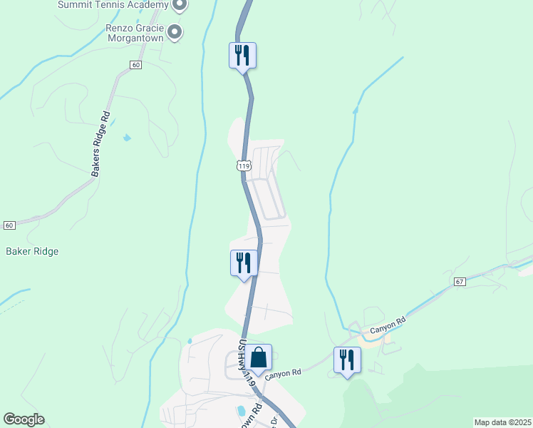 map of restaurants, bars, coffee shops, grocery stores, and more near 18 Fairfield Manor in Morgantown