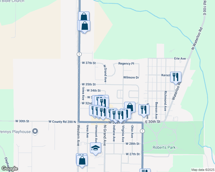 map of restaurants, bars, coffee shops, grocery stores, and more near 413 West 35th Street in Connersville