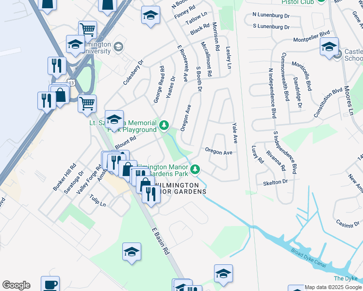 map of restaurants, bars, coffee shops, grocery stores, and more near 338 Oregon Avenue in Wilmington Manor