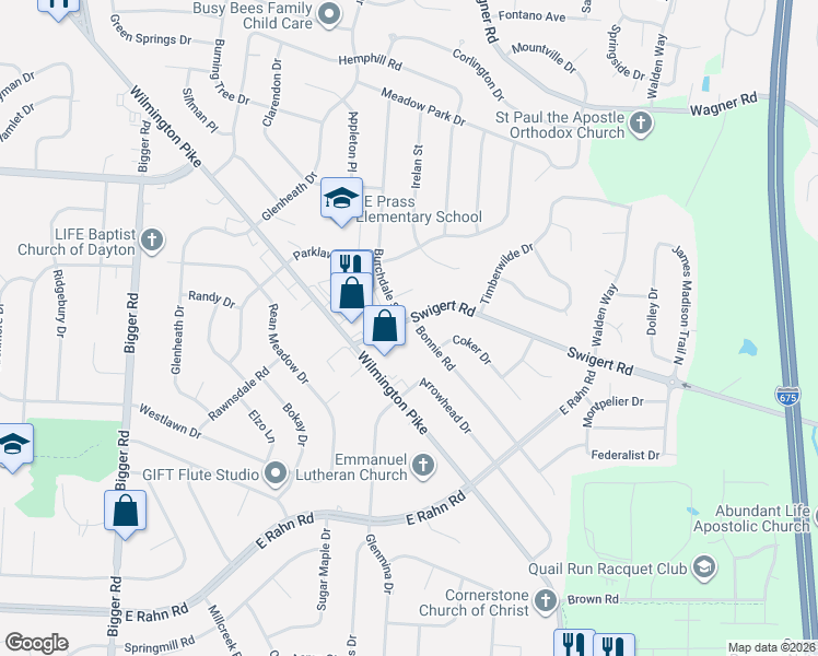 map of restaurants, bars, coffee shops, grocery stores, and more near 2716 Ridgeville Court in Dayton