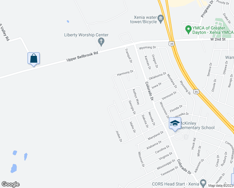 map of restaurants, bars, coffee shops, grocery stores, and more near 2390 Harmony Drive in Xenia