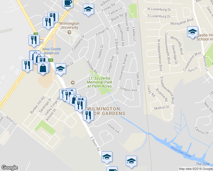 map of restaurants, bars, coffee shops, grocery stores, and more near 338 Oregon Avenue in Wilmington Manor