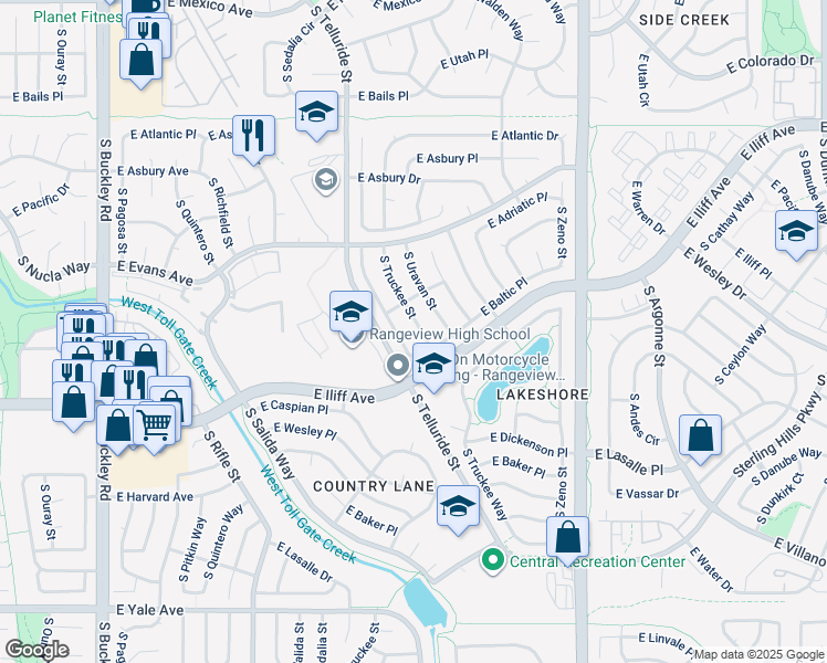 map of restaurants, bars, coffee shops, grocery stores, and more near 2229 South Truckee Street in Aurora
