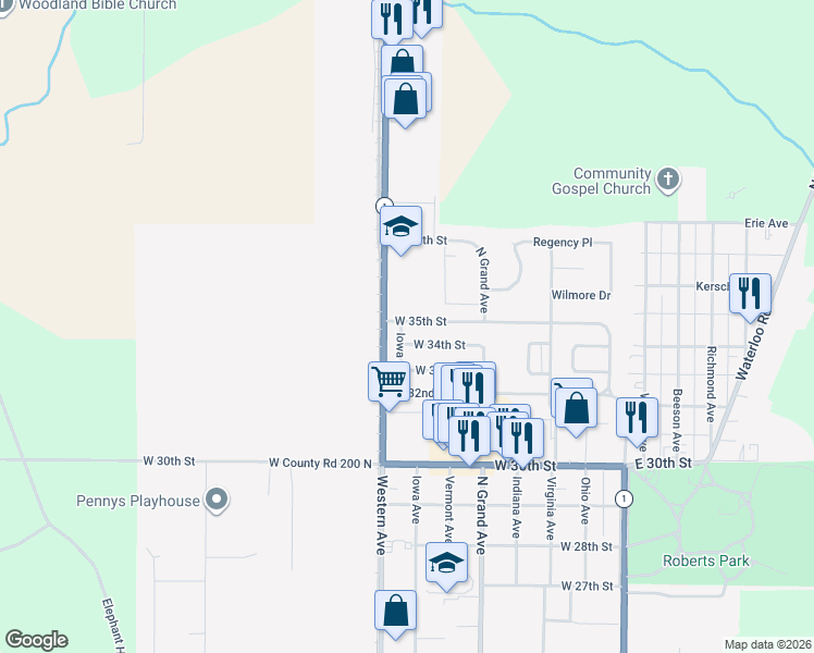 map of restaurants, bars, coffee shops, grocery stores, and more near 3408 Iowa Avenue in Connersville