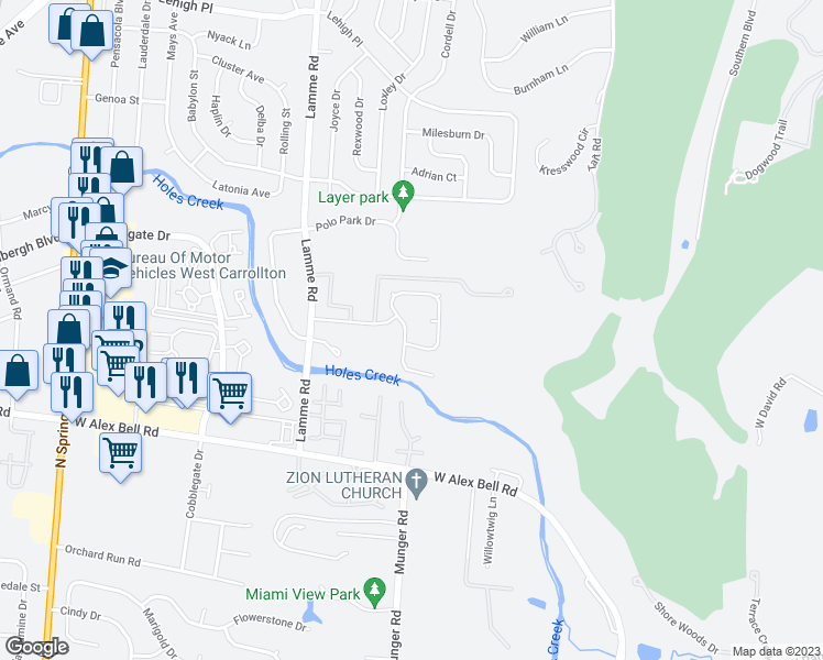 map of restaurants, bars, coffee shops, grocery stores, and more near 5326 Mallet Club Drive in Dayton