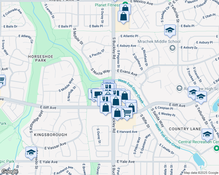 map of restaurants, bars, coffee shops, grocery stores, and more near 2201 South Buckley Road in Aurora