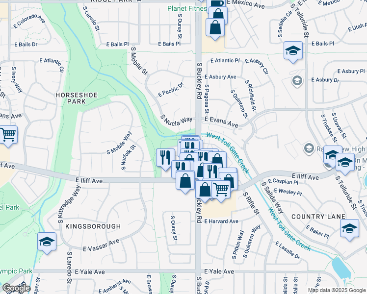 map of restaurants, bars, coffee shops, grocery stores, and more near 2155 South Nucla Way in Aurora
