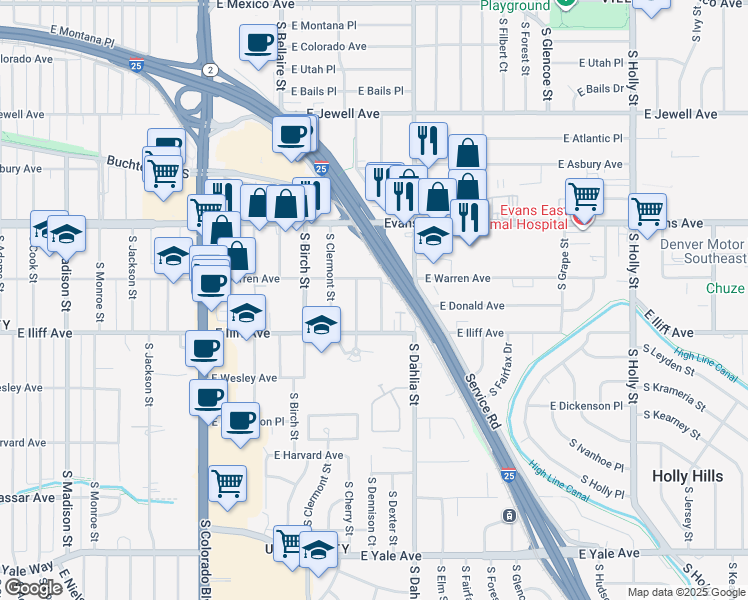 map of restaurants, bars, coffee shops, grocery stores, and more near 2206 South Cherry Street in Denver