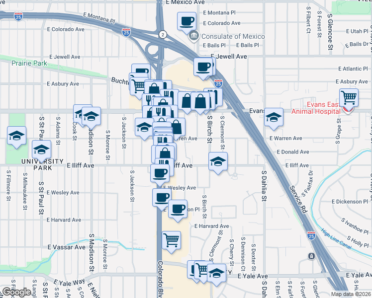 map of restaurants, bars, coffee shops, grocery stores, and more near 4120 East Warren Avenue in Denver