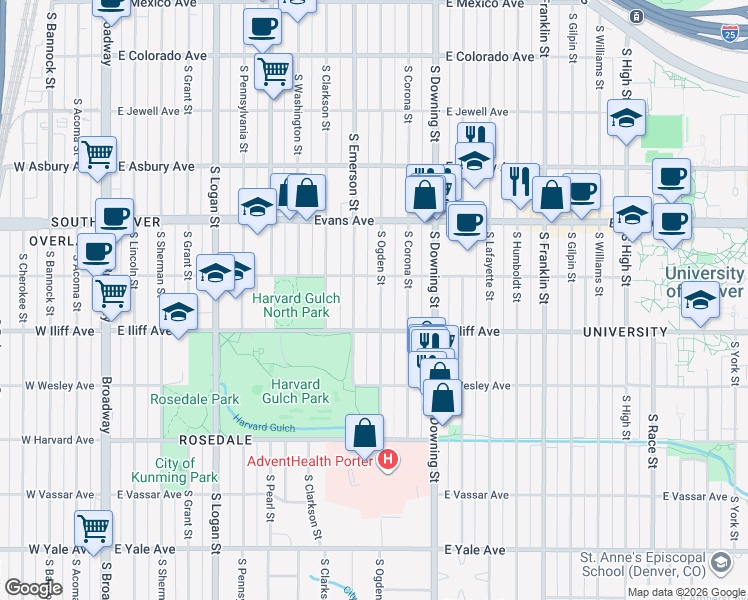 map of restaurants, bars, coffee shops, grocery stores, and more near 970 East Warren Avenue in Denver