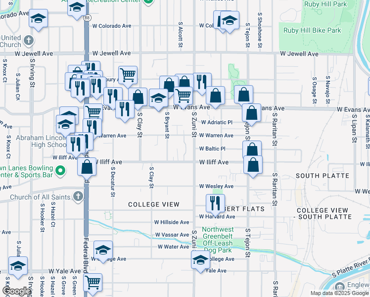 map of restaurants, bars, coffee shops, grocery stores, and more near 2470 West Warren Avenue in Denver