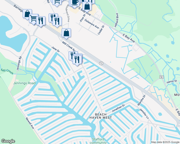 map of restaurants, bars, coffee shops, grocery stores, and more near 24 Lillian Drive in Stafford Township
