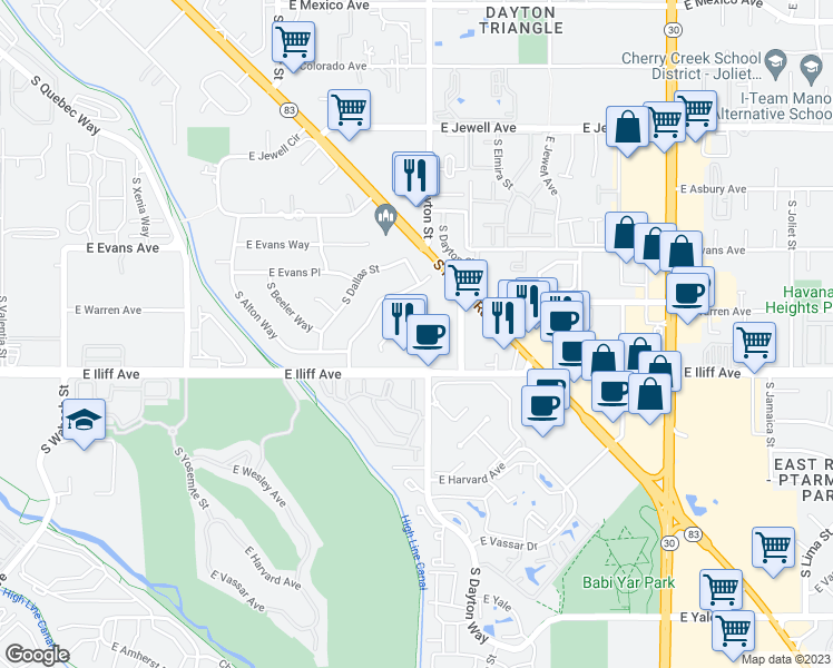 map of restaurants, bars, coffee shops, grocery stores, and more near 9701 East Iliff Avenue in Denver