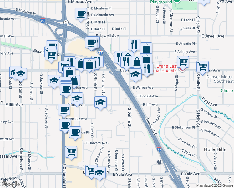 map of restaurants, bars, coffee shops, grocery stores, and more near 2206 South Cherry Street in Denver