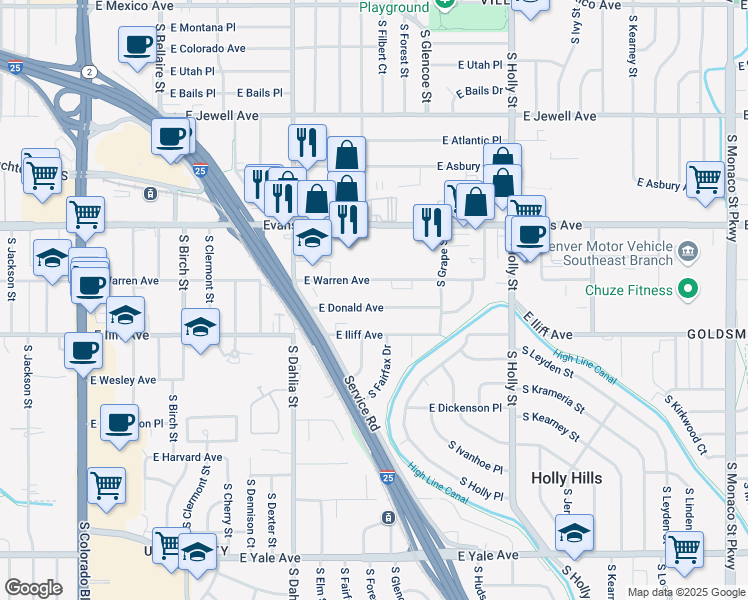map of restaurants, bars, coffee shops, grocery stores, and more near 5104 East Warren Avenue in Denver