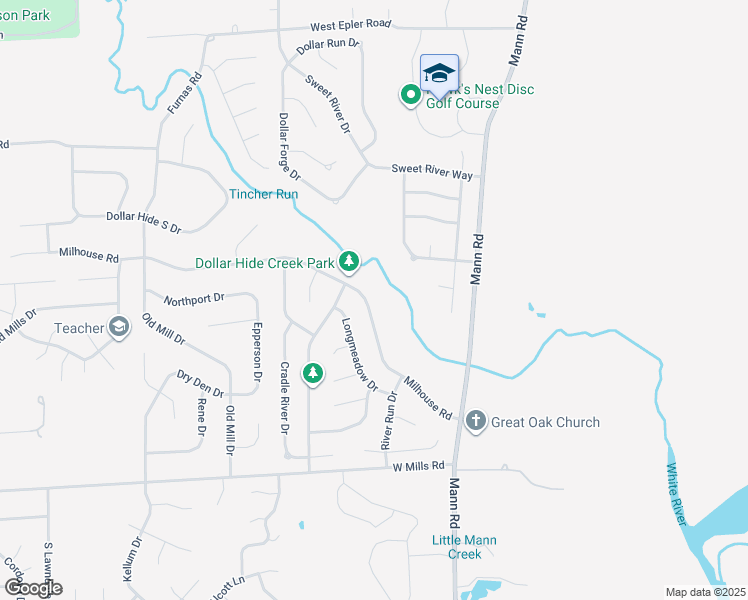 map of restaurants, bars, coffee shops, grocery stores, and more near 5394 Milhouse Road in Indianapolis