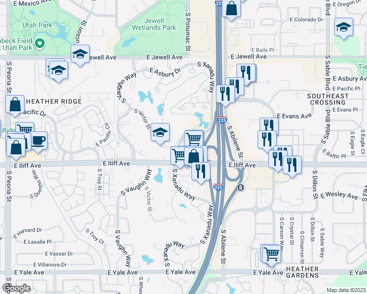 map of restaurants, bars, coffee shops, grocery stores, and more near 2280 South Xanadu Way in Aurora