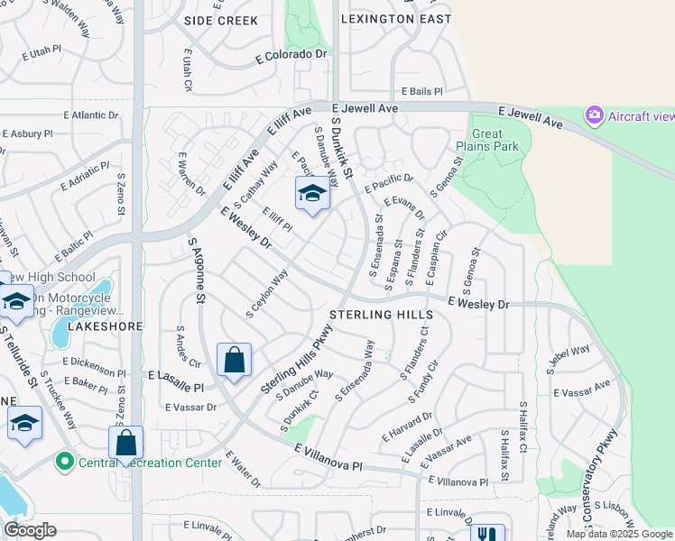 map of restaurants, bars, coffee shops, grocery stores, and more near 19256 East Baltic Place in Aurora