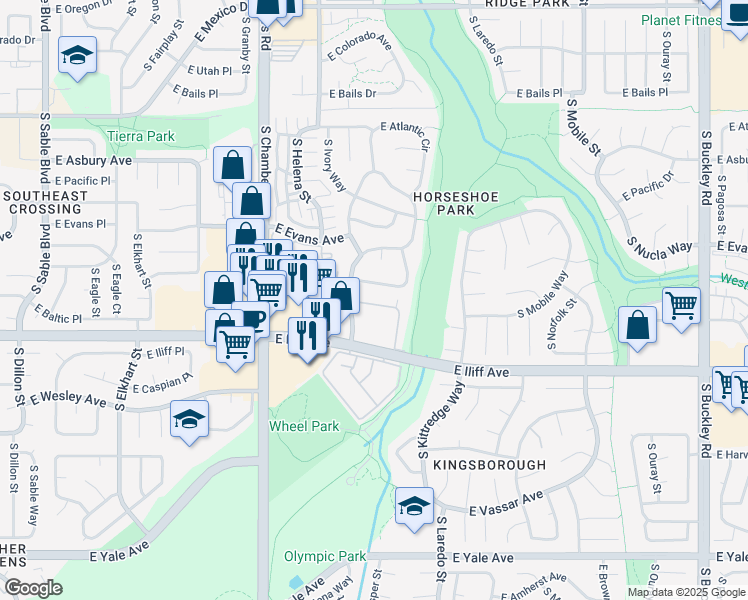 map of restaurants, bars, coffee shops, grocery stores, and more near 2176 South Joplin Way in Aurora