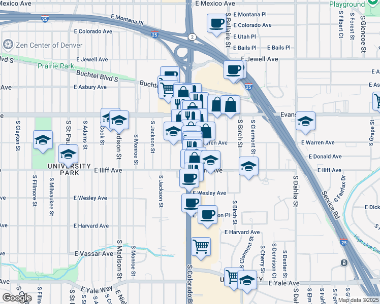 map of restaurants, bars, coffee shops, grocery stores, and more near 4030 East Warren Avenue in Denver