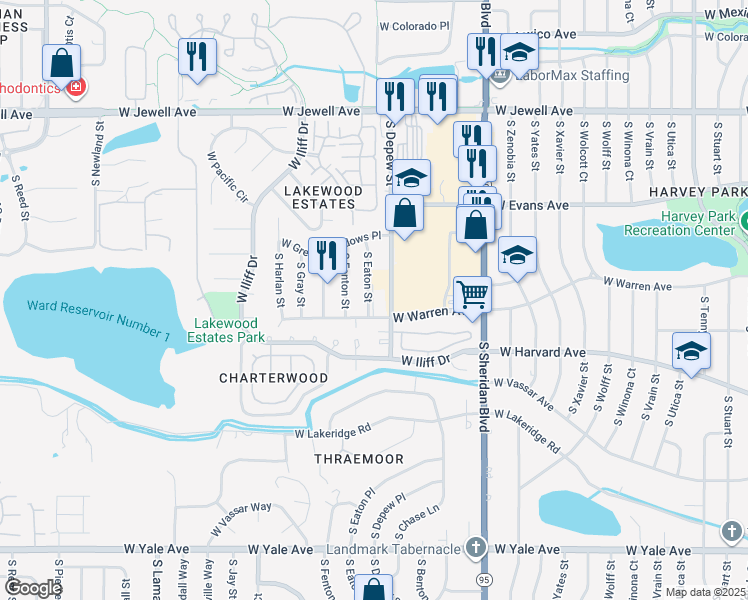 map of restaurants, bars, coffee shops, grocery stores, and more near 2173 South Eaton Street in Denver