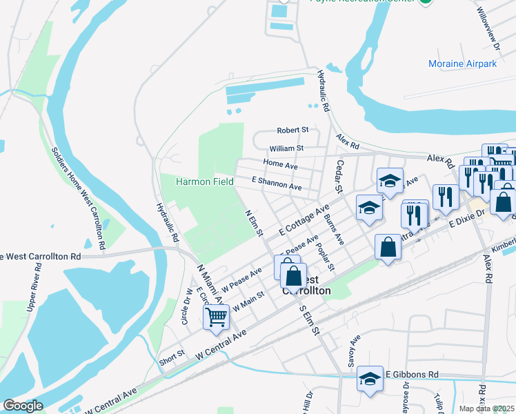 map of restaurants, bars, coffee shops, grocery stores, and more near 410 North Locust Street in West Carrollton