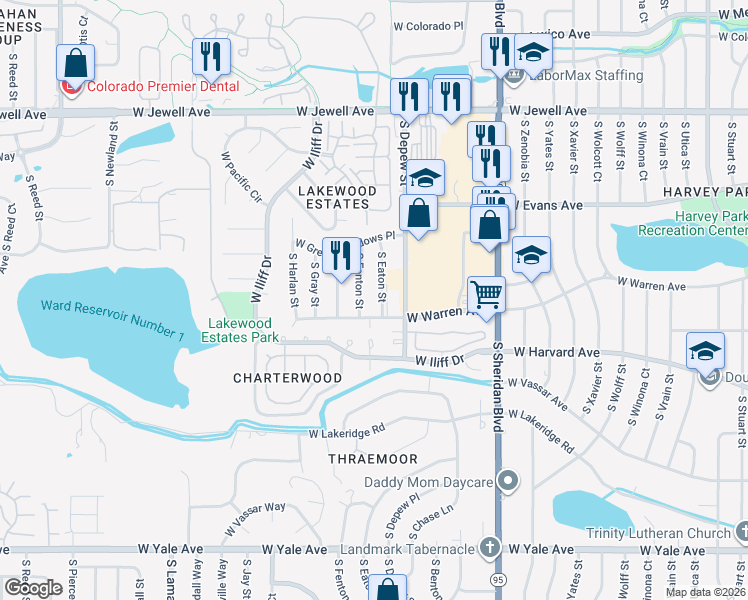 map of restaurants, bars, coffee shops, grocery stores, and more near 2173 South Eaton Street in Denver