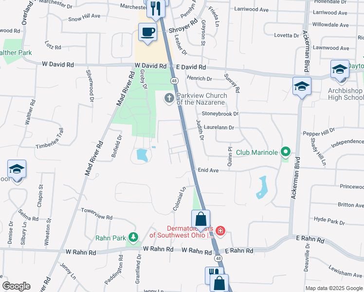 map of restaurants, bars, coffee shops, grocery stores, and more near 130 Cannonbury Ct in Dayton