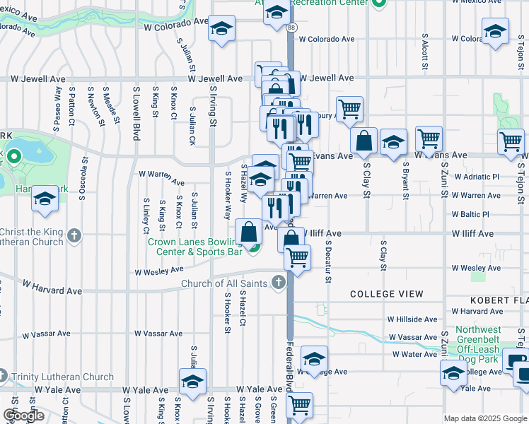 map of restaurants, bars, coffee shops, grocery stores, and more near 2285 South Federal Boulevard in Denver