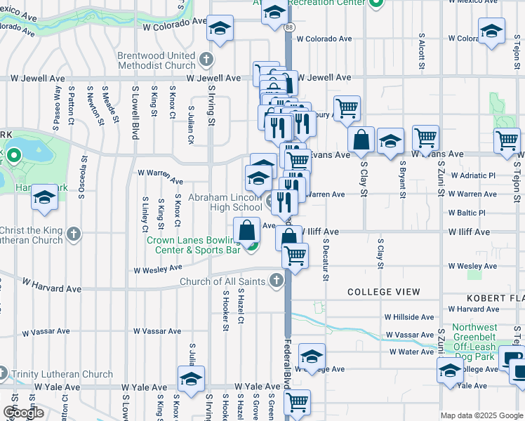 map of restaurants, bars, coffee shops, grocery stores, and more near 2285 South Federal Boulevard in Denver