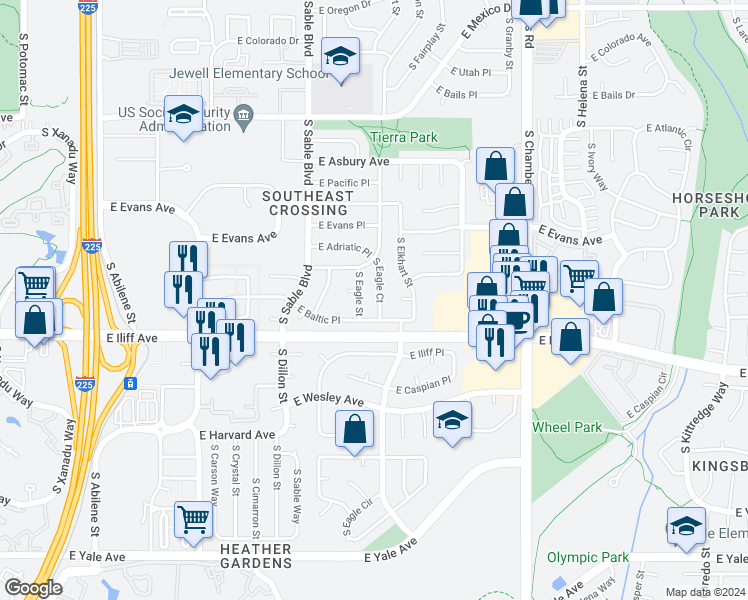 map of restaurants, bars, coffee shops, grocery stores, and more near 2265 South Eagle Court in Aurora