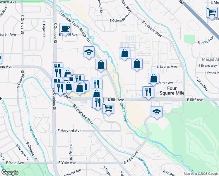 map of restaurants, bars, coffee shops, grocery stores, and more near 2172 South Trenton Way in Denver