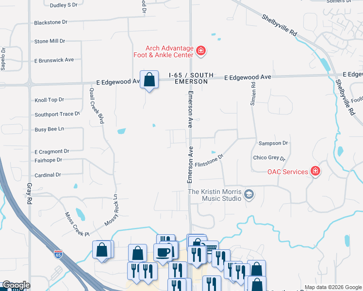 map of restaurants, bars, coffee shops, grocery stores, and more near 6240 South Emerson Avenue in Indianapolis