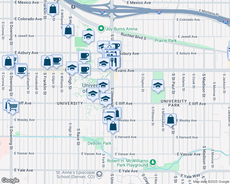 map of restaurants, bars, coffee shops, grocery stores, and more near 2200 South University Boulevard in Denver