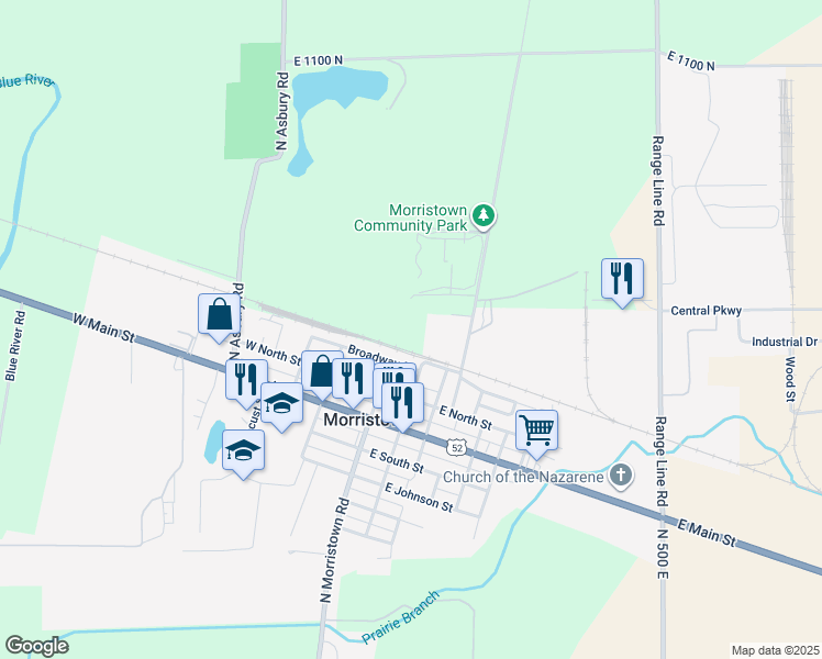 map of restaurants, bars, coffee shops, grocery stores, and more near 357 North Morrison Street in Morristown