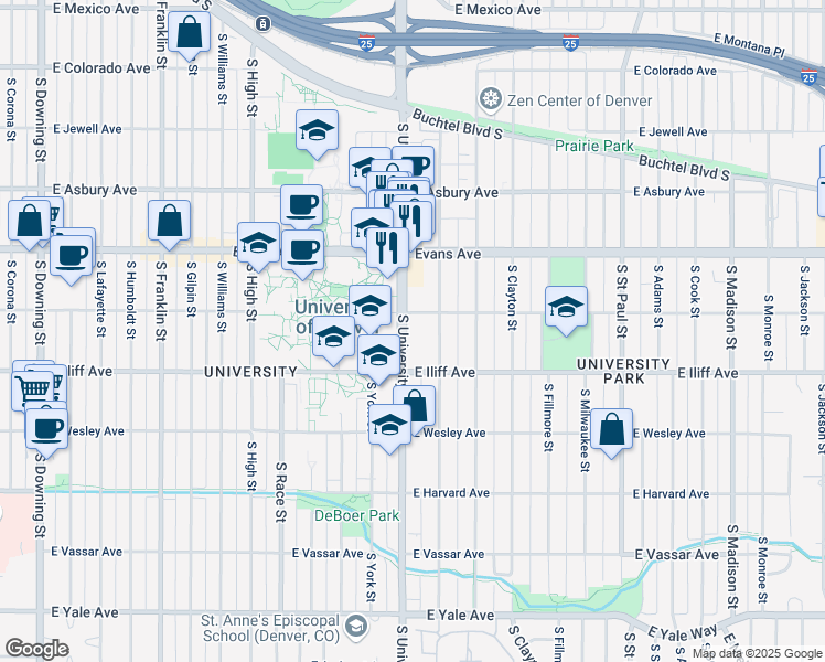 map of restaurants, bars, coffee shops, grocery stores, and more near 2200 South University Boulevard in Denver
