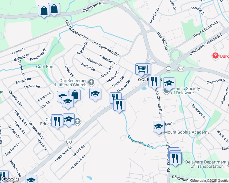 map of restaurants, bars, coffee shops, grocery stores, and more near 21 Merion Road in Newark
