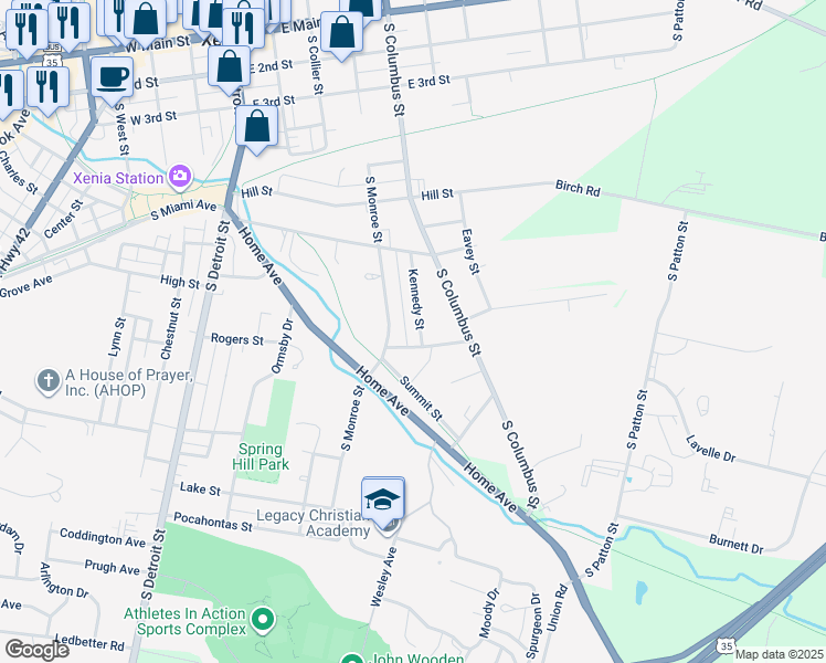 map of restaurants, bars, coffee shops, grocery stores, and more near 665 Kennedy Street in Xenia