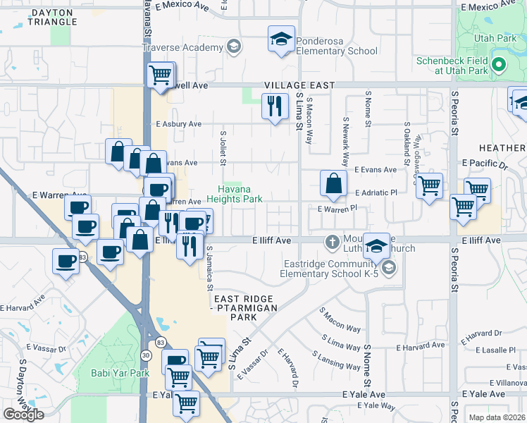 map of restaurants, bars, coffee shops, grocery stores, and more near 2213 South Kingston Court in Aurora