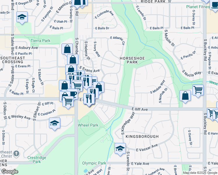 map of restaurants, bars, coffee shops, grocery stores, and more near 2176 South Joplin Way in Aurora