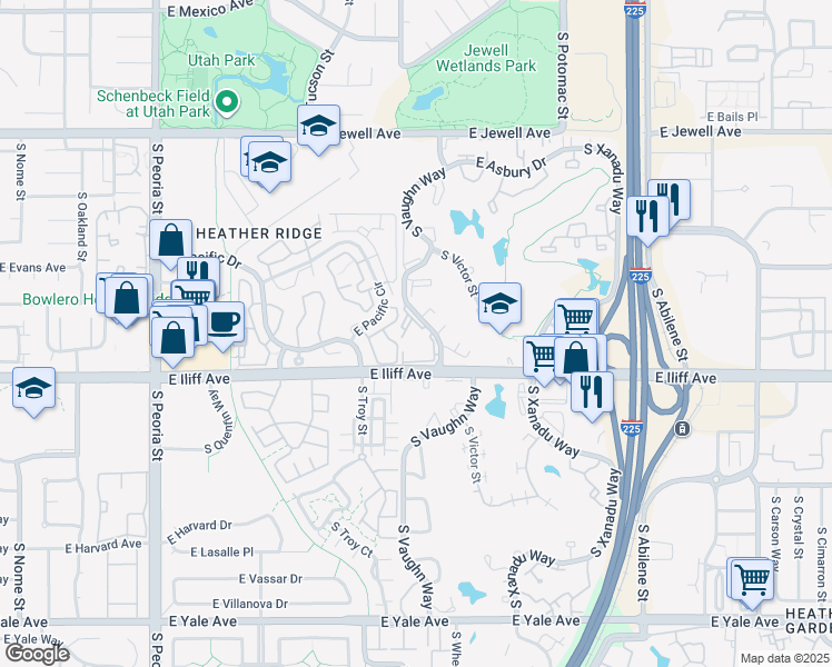 map of restaurants, bars, coffee shops, grocery stores, and more near 2230 South Vaughn Way in Aurora