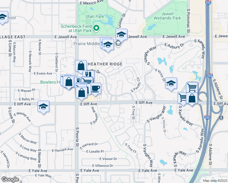 map of restaurants, bars, coffee shops, grocery stores, and more near 12420 East Pacific Circle in Aurora