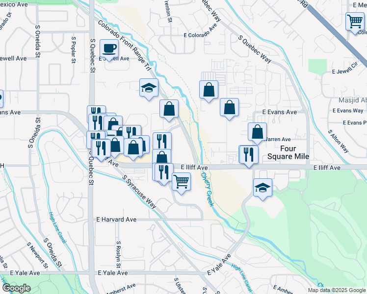 map of restaurants, bars, coffee shops, grocery stores, and more near 7808 Cherry Creek South Drive in Denver