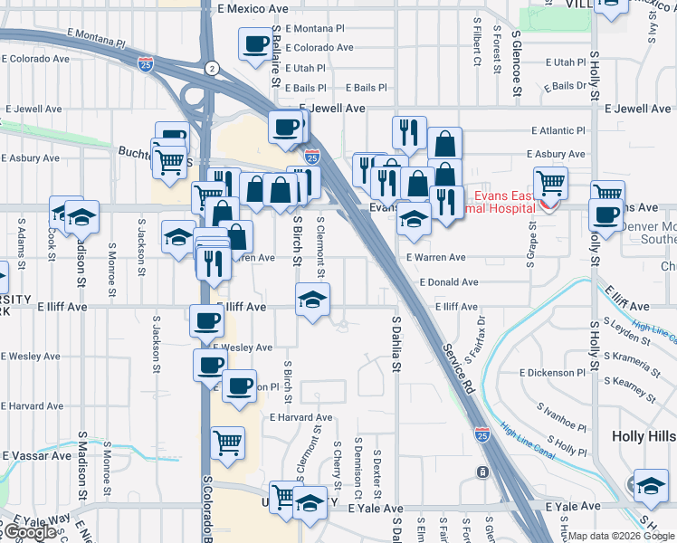 map of restaurants, bars, coffee shops, grocery stores, and more near 2206 South Cherry Street in Denver