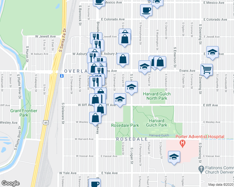 map of restaurants, bars, coffee shops, grocery stores, and more near 2210 South Sherman Street in Denver
