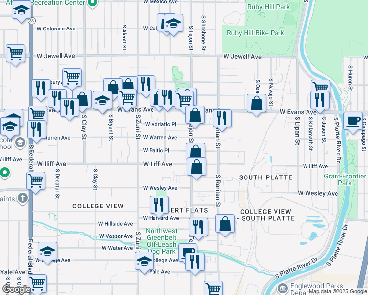 map of restaurants, bars, coffee shops, grocery stores, and more near 2030 West Warren Avenue in Englewood