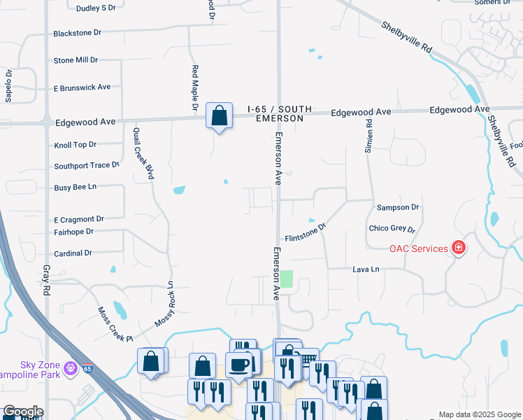 map of restaurants, bars, coffee shops, grocery stores, and more near 6240 South Emerson Avenue in Indianapolis