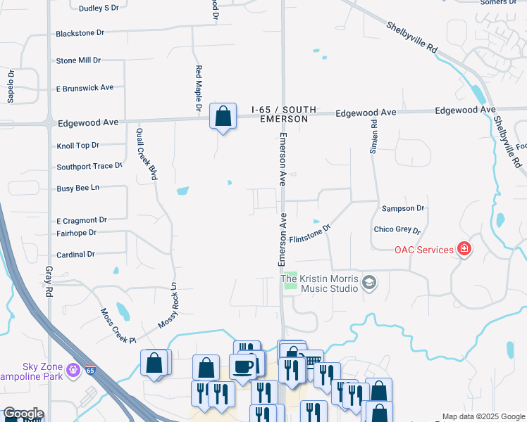 map of restaurants, bars, coffee shops, grocery stores, and more near 6239 Amber Creek Lane in Indianapolis
