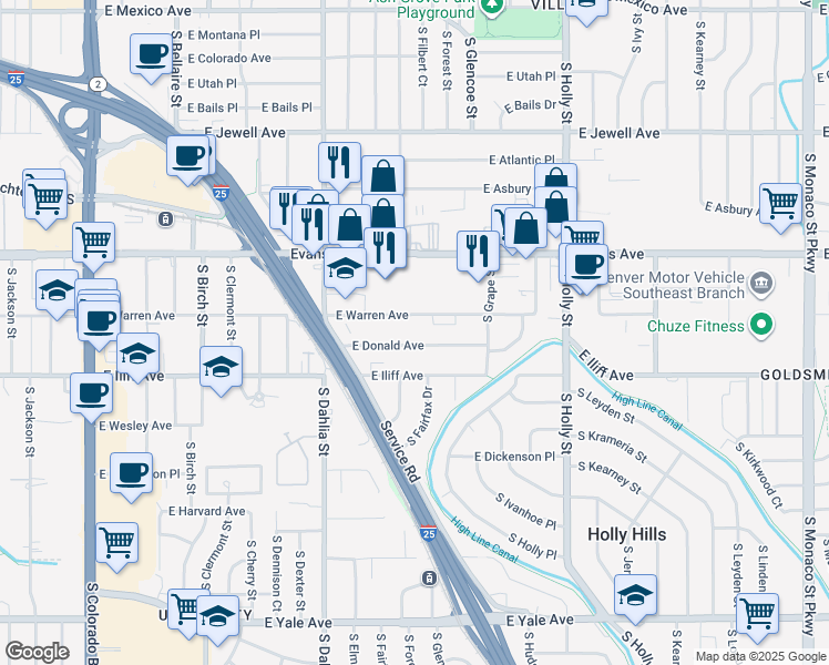 map of restaurants, bars, coffee shops, grocery stores, and more near 5104 East Warren Avenue in Denver
