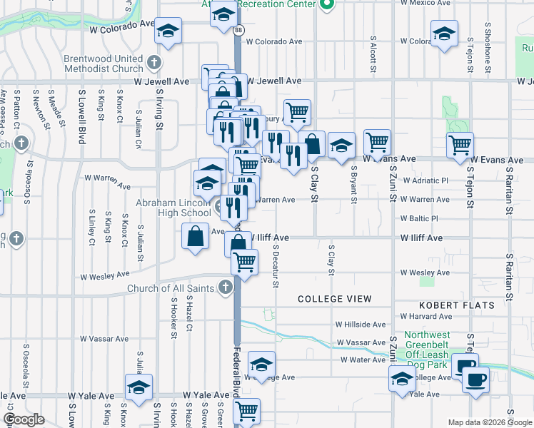 map of restaurants, bars, coffee shops, grocery stores, and more near 2888 West Warren Avenue in Denver